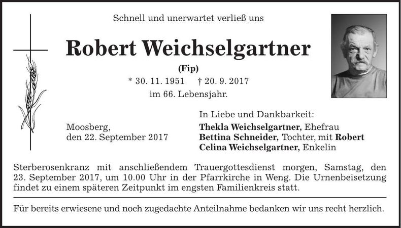 Traueranzeige Robert Weichselgartner