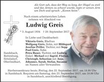 Traueranzeige Ludwig Greis