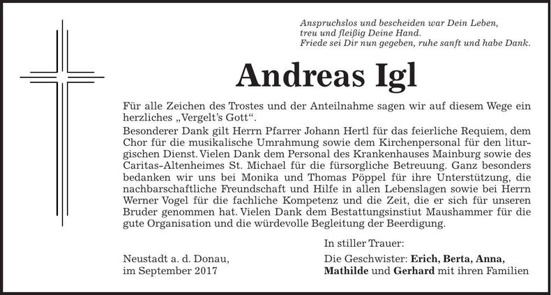 Traueranzeige Andreas Igl