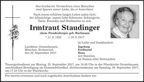 Traueranzeige Irmtraut Staudinger