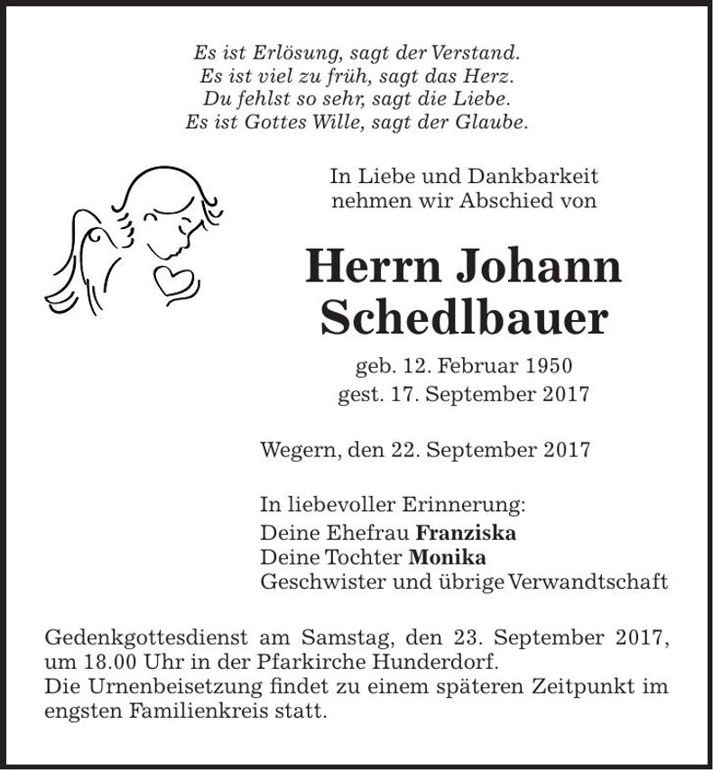 Traueranzeige Johann Schedlbauer
