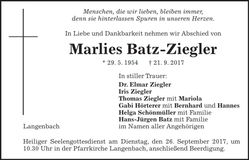 Traueranzeige Marlies Batz-Ziegler