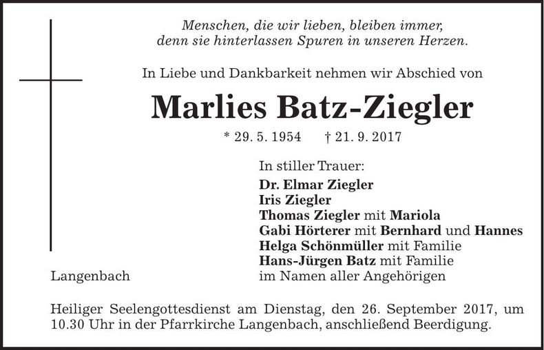 Traueranzeige Marlies Batz-Ziegler