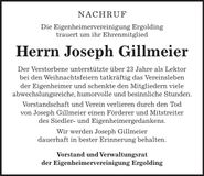Traueranzeige Joseph Gilolmeier