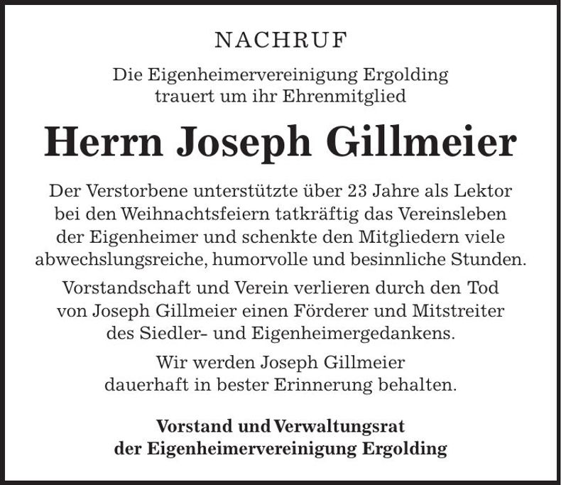 Traueranzeige Joseph Gilolmeier