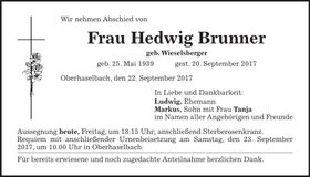 Traueranzeige Hedwig Brunner