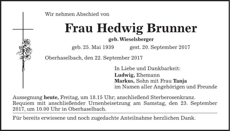 Traueranzeige Hedwig Brunner