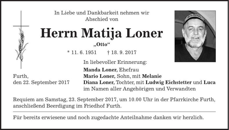 Traueranzeige Matija Loner