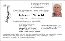 Traueranzeige Johann Pleischl