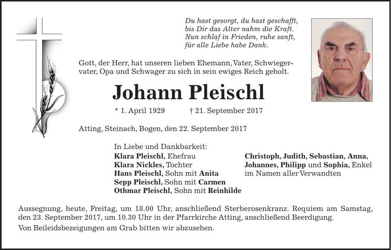 Traueranzeige Johann Pleischl