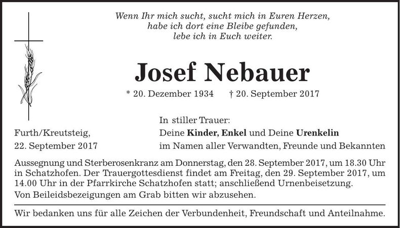 Traueranzeige Josef Nebauer