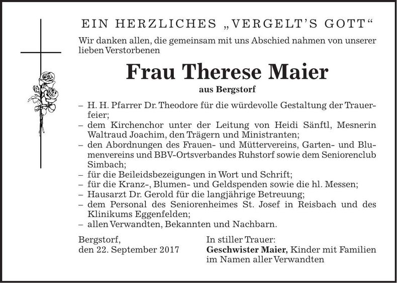 Traueranzeige Therese Maier