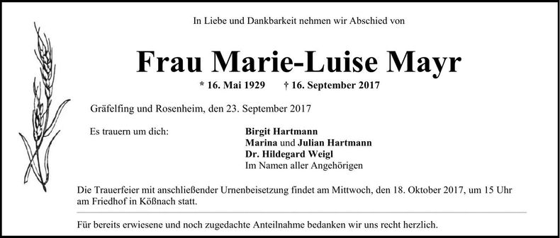 Traueranzeige Marie-Luise Mayr