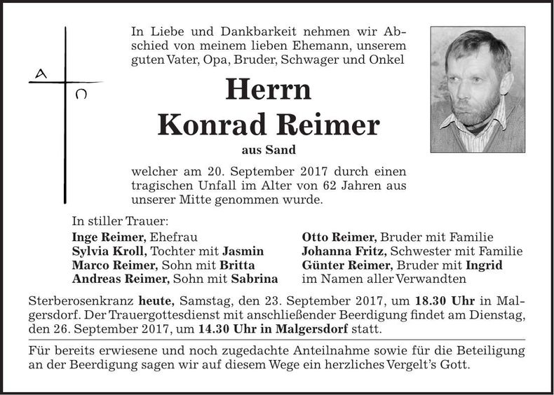 Traueranzeige Konrad Reimer