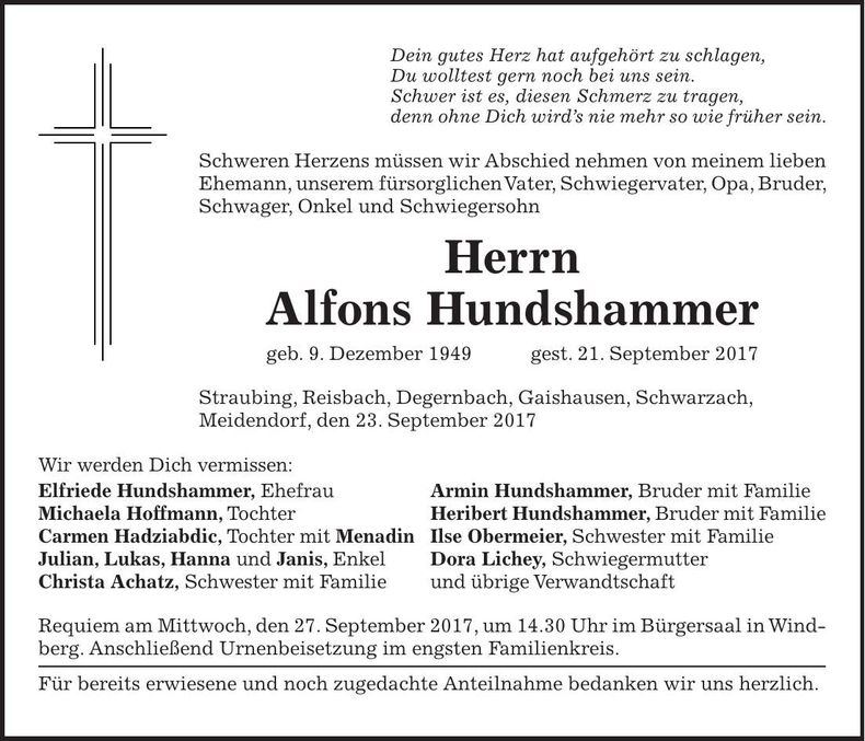Traueranzeige Alfons Hundshammer