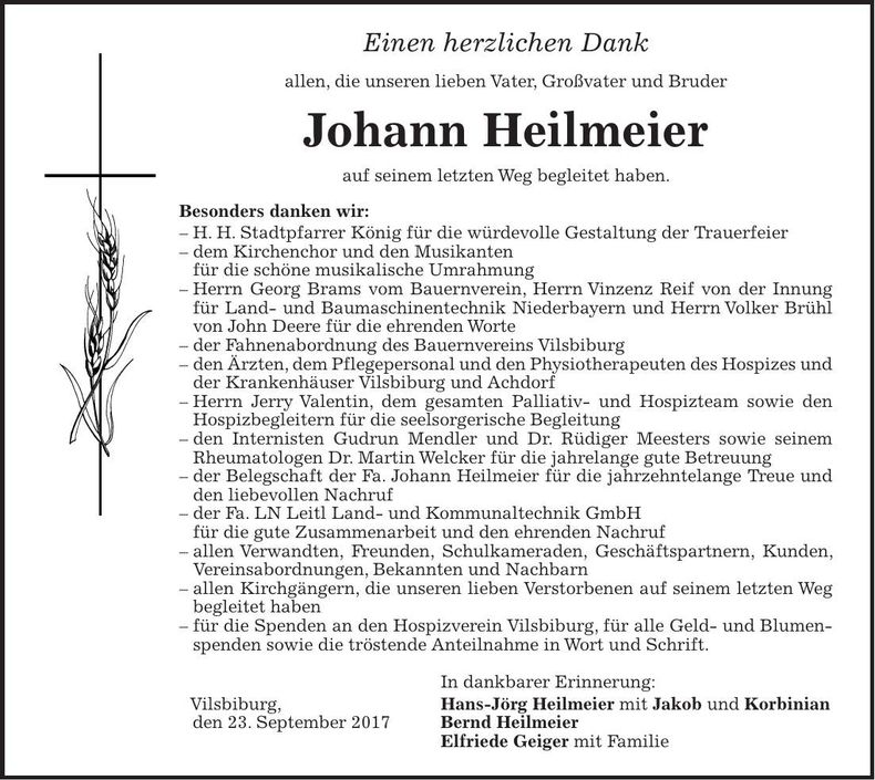 Traueranzeige Johann Heilmeier