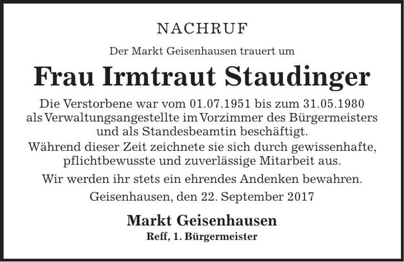 Traueranzeige Irmtraut Staudinger
