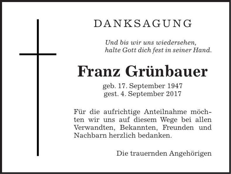 Traueranzeige Franz Grünbauer