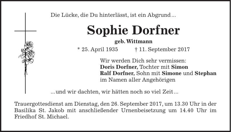 Traueranzeige Sofie Dorfner
