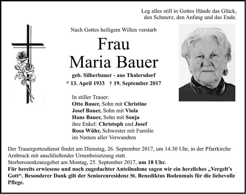 Traueranzeige Maria Bauer