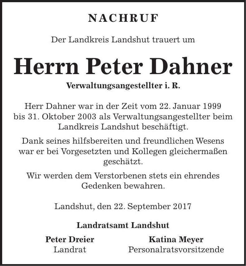 Traueranzeige Peter Dahner