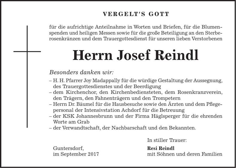 Traueranzeige Josef Reindl