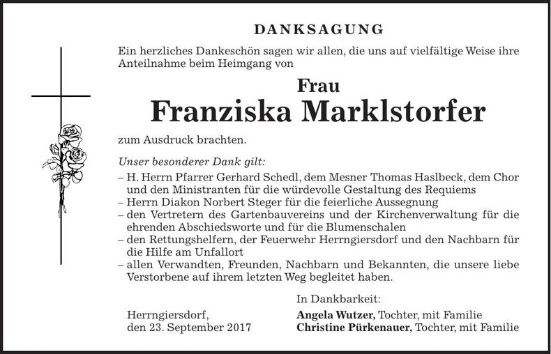 Traueranzeige Franziska Marklstorfer