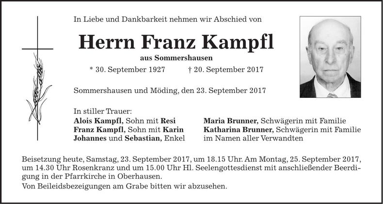 Traueranzeige Franz Kampfl