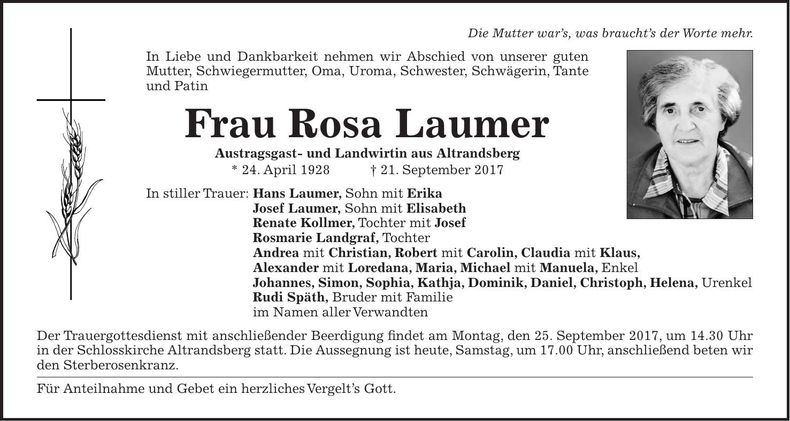 Traueranzeige Rosa Laumer