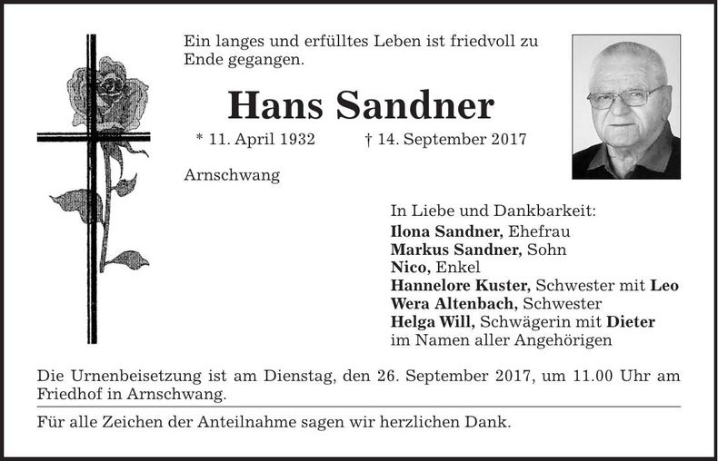 Traueranzeige Hans Sandner