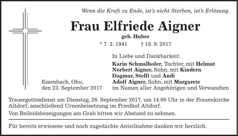 Traueranzeige Elfriede Aigner
