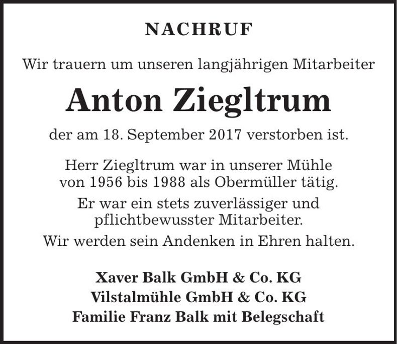 Traueranzeige Anton Ziegltrum