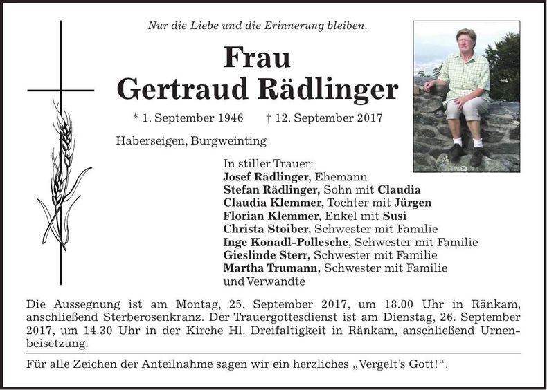 Traueranzeige Gertraud Rädlinger