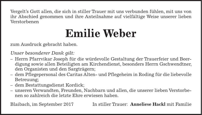 Traueranzeige Emilie Weber