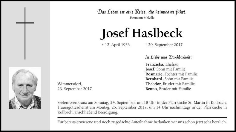 Traueranzeige Josef Haslbeck