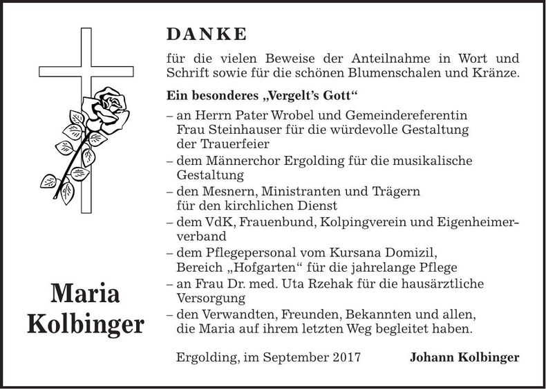 Traueranzeige Maria Kolbinger