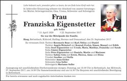 Traueranzeige Franziska Eigenstetter