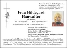 Traueranzeige Hildegard Hanwalter