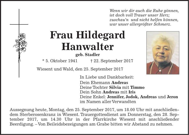 Traueranzeige Hildegard Hanwalter