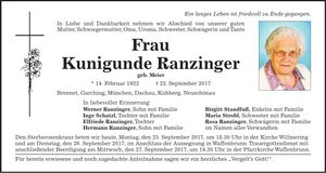 Traueranzeige Kunigunde Ranzinger