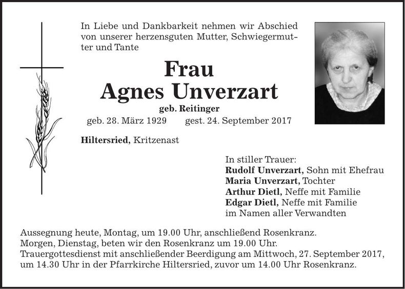 Traueranzeige Agnes Unverzart