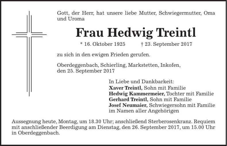 Traueranzeige Hedwig Treintl