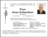 Traueranzeige Anna Schmelmer