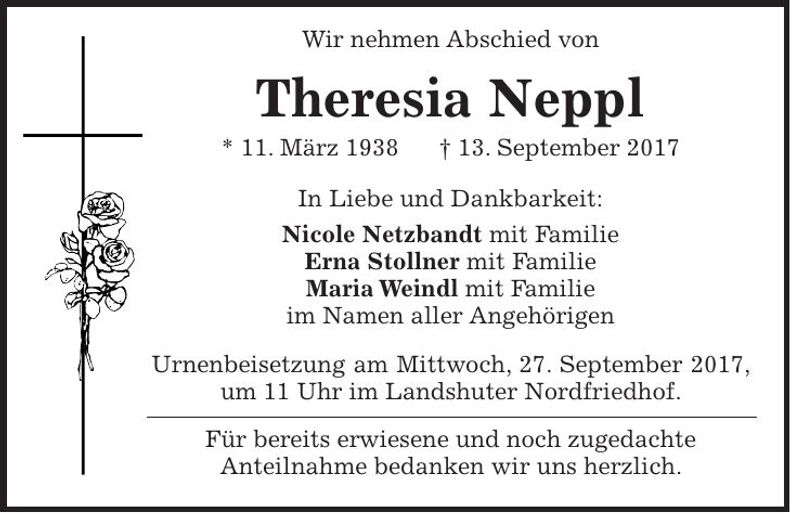 Traueranzeige Theresia Neppl