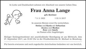 Traueranzeige Anna Lange