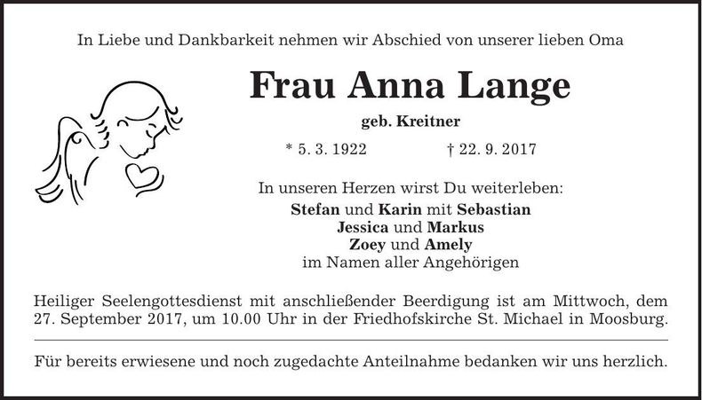 Traueranzeige Anna Lange