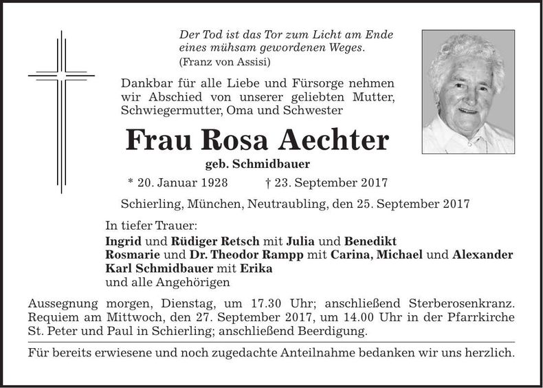Traueranzeige Rosa Aechter
