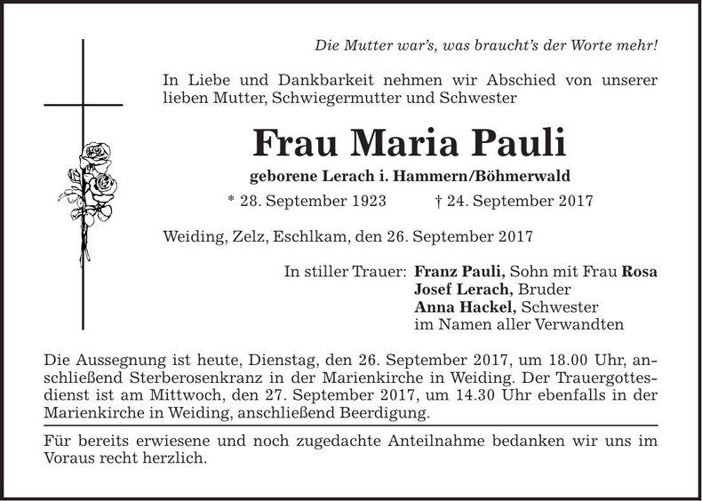 Traueranzeige Maria Pauli