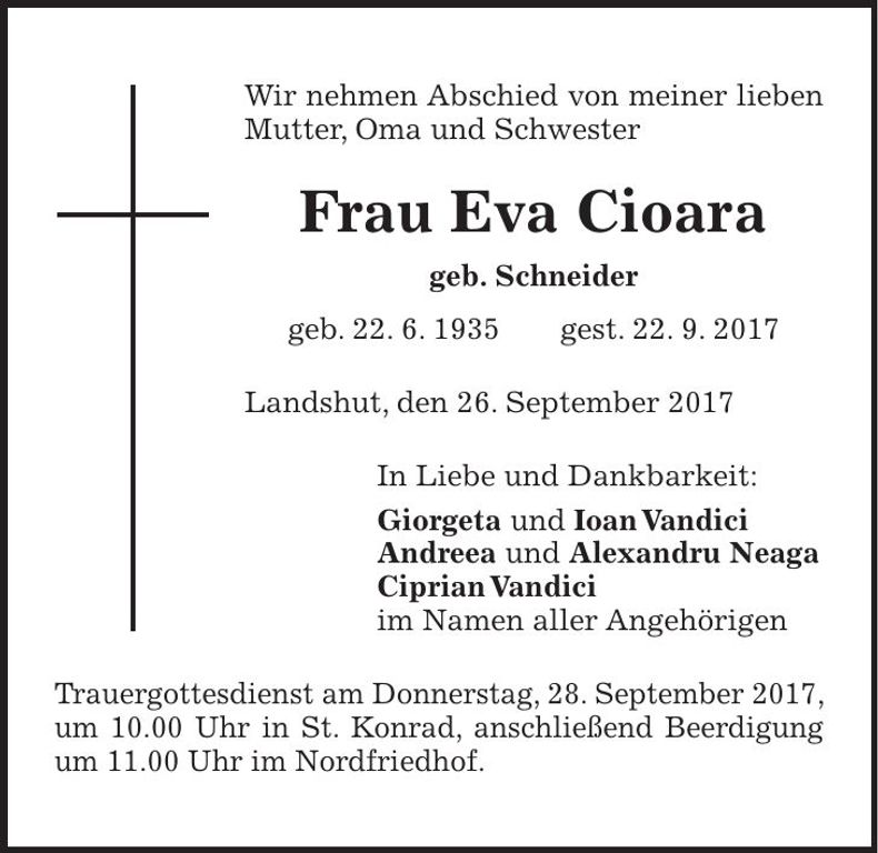 Traueranzeige Eva Cioara