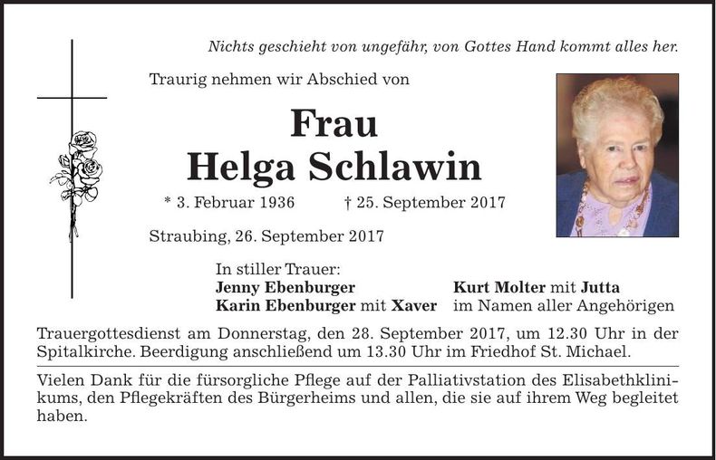 Traueranzeige Helga Schlawin